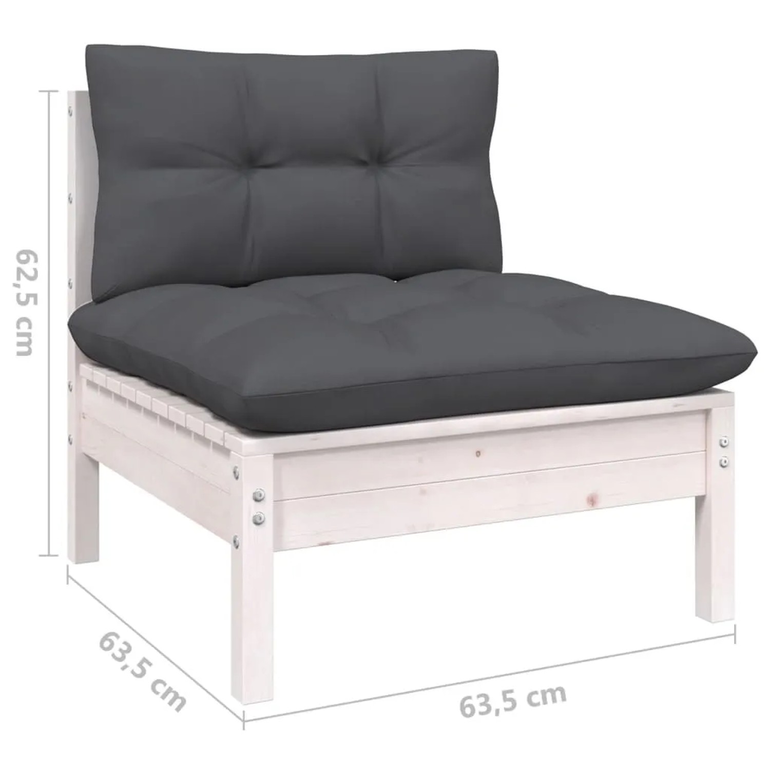 Weißes Gartenmöbel Lounge-Set Eckteil aus Kiefernholz mit anthrazitfarbenen Kissen.