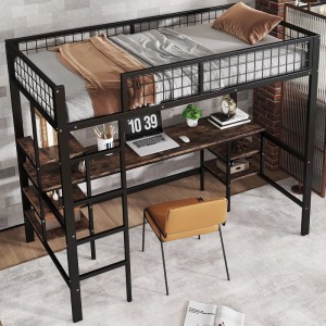 KOMHTOM Eisenbett Etagenbett 90x200Cm Mit Tisch Regal Vierstufiger Leiter Eisen+Spanplatte Schwarz+Dunkle Holzfarbe Ohne Matratze