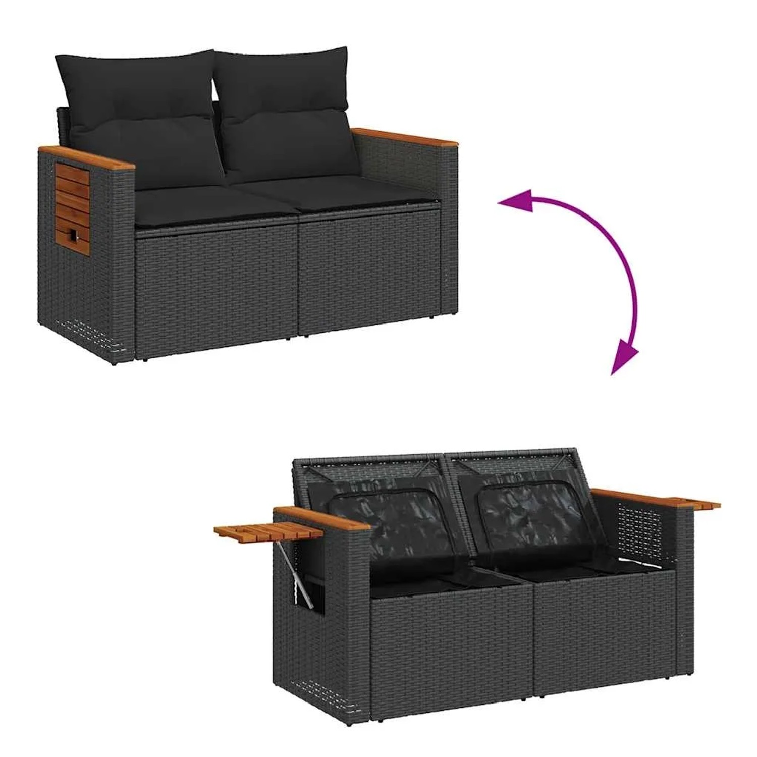 vidaXL Garten-Sofagarnitur, 11-teilig, schwarz, Poly Rattan, mit Kissen und Stauraum.
