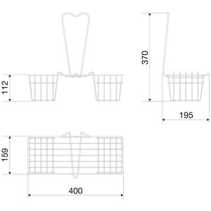 Technische Zeichnung des Euroshowers Duschkorbs Chrom 40 cm zum Einhängen. Zeigt Maße, Gitterdesign und zwei Körbe für Badablage.