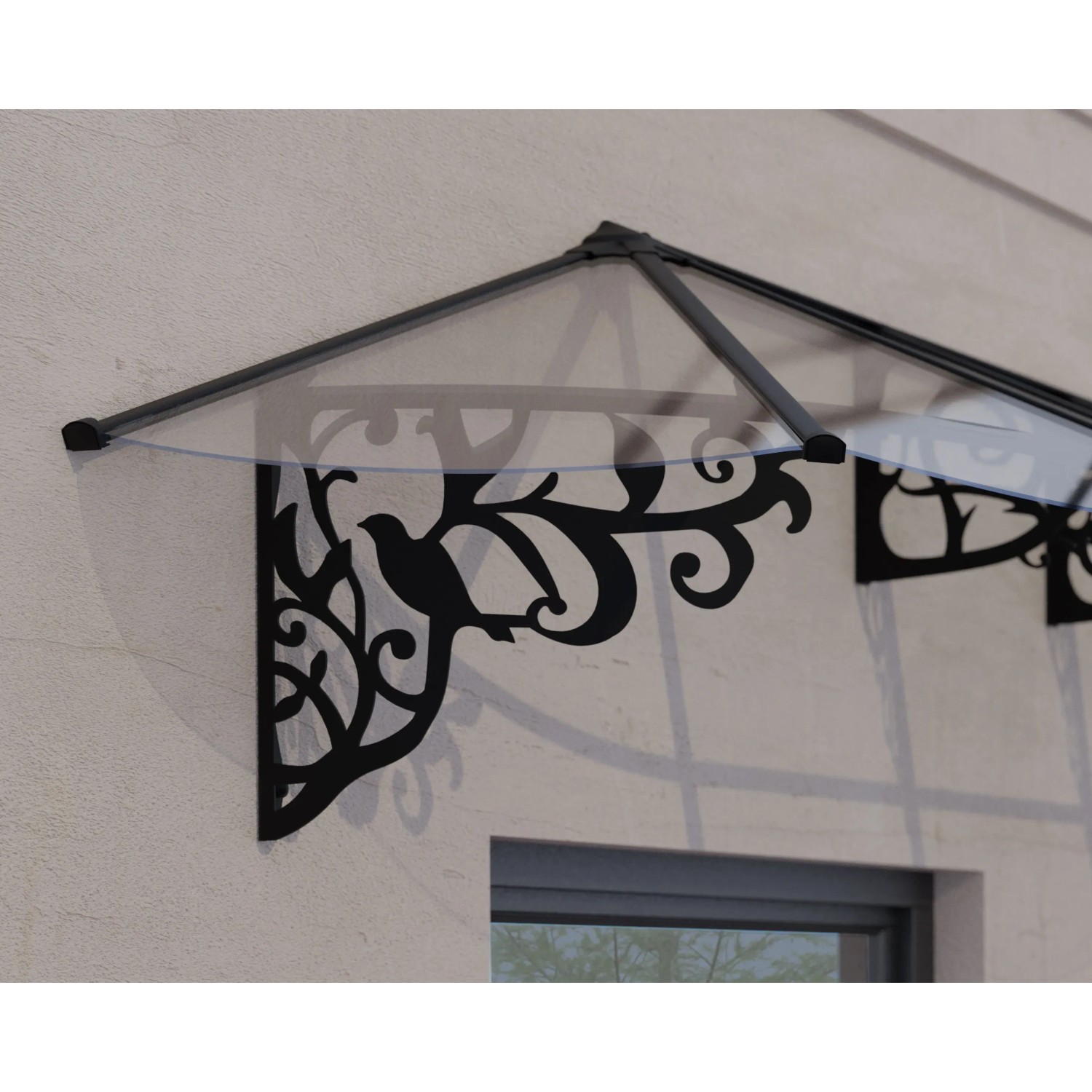 Palram-Canopia Vordach Lily XL, 3.19x0.9 m, schwarz, klare Paneele und Vogel-Design.