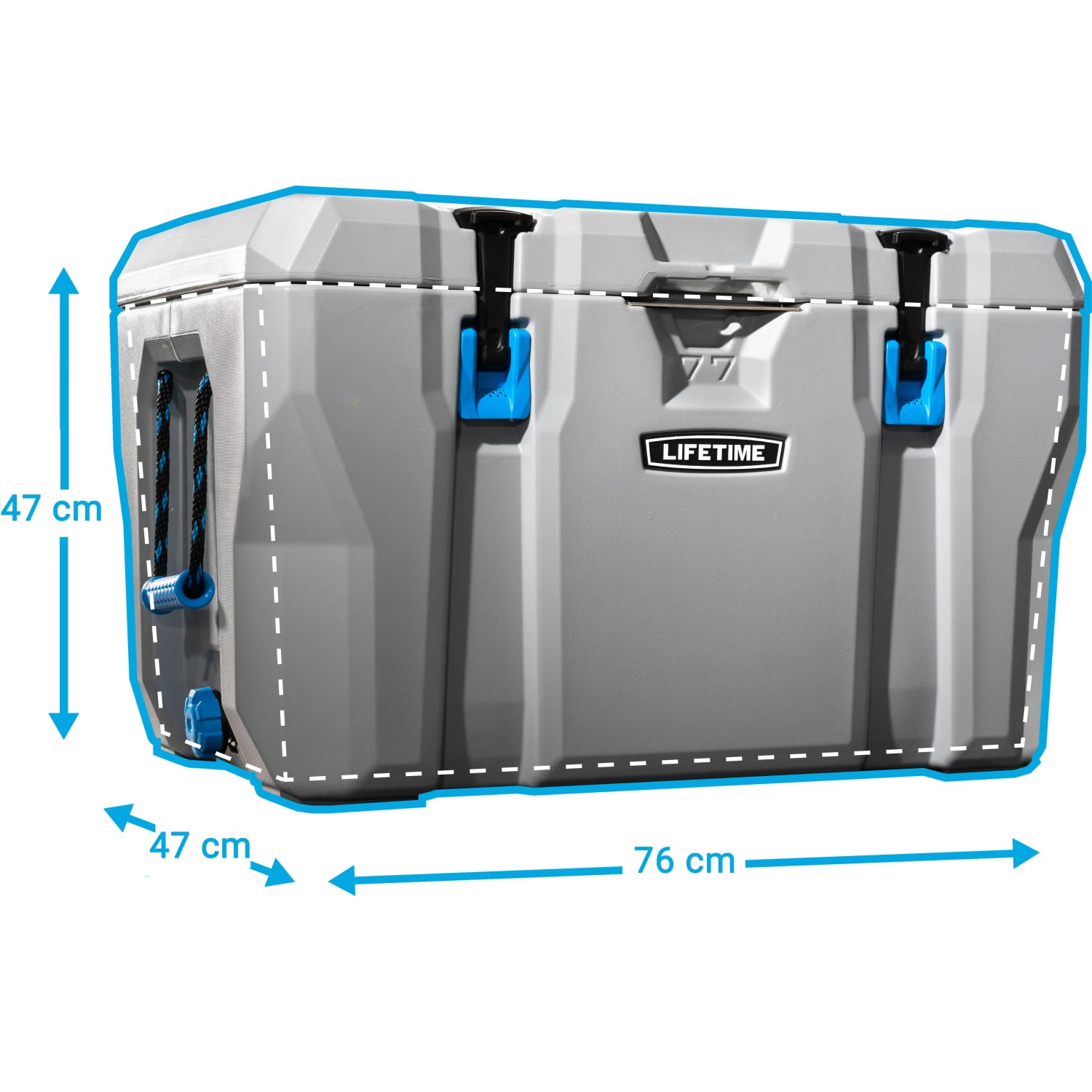 Graue Lifetime Kühlbox Premium, 73 Liter, mit Tragegriffen und blauen Akzenten. Ideal für Camping.