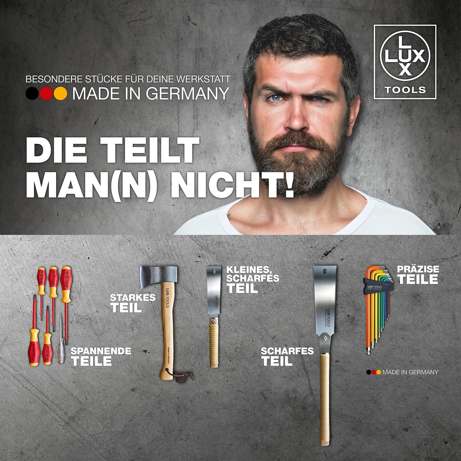 LUX Werkzeug-Set Made in Germany: Schraubendreher, Axt, Säge und farbige Stiftschlüssel im Set.