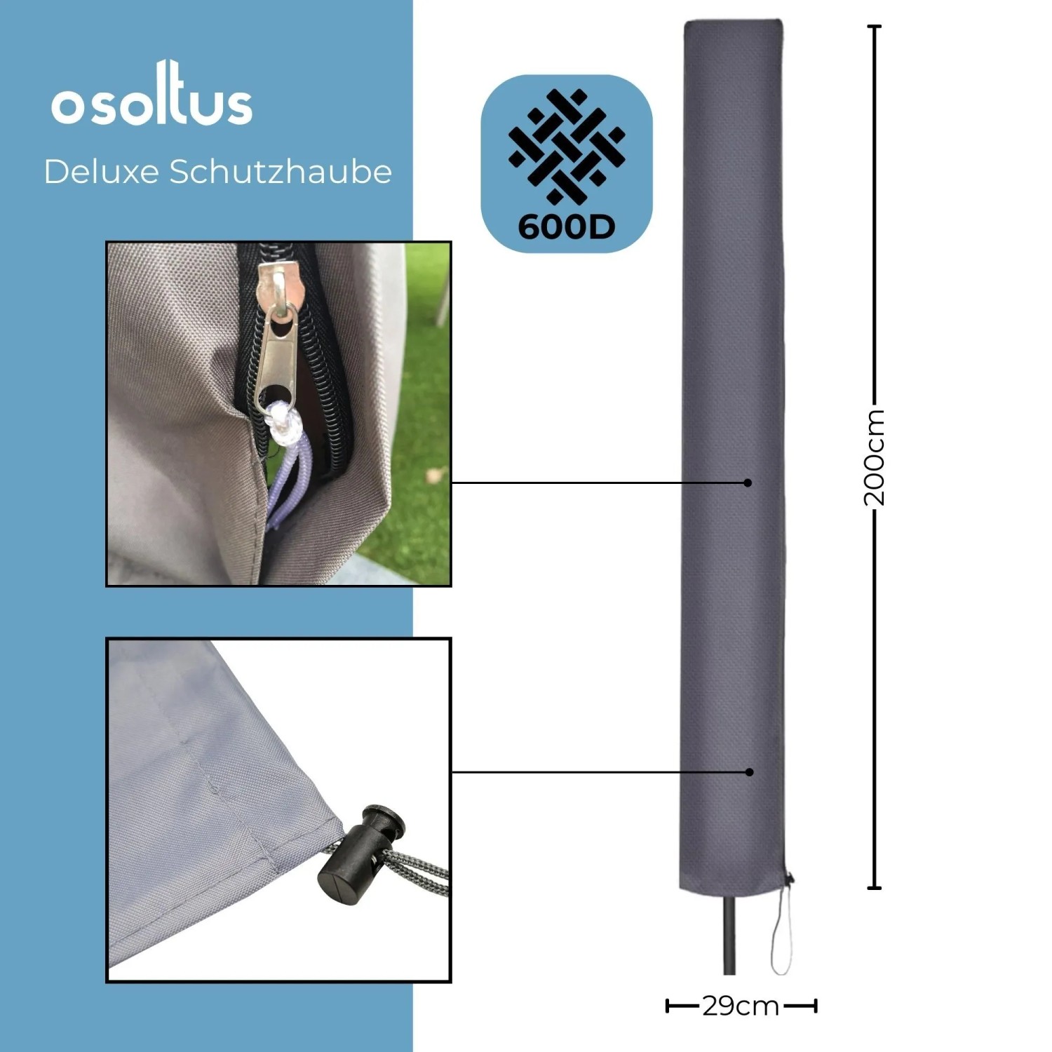 Graue osoltus Deluxe Sonnenschirm Schutzhaube 200 cm aus 600D Oxford-Gewebe mit Reißverschluss und Kordelzug.