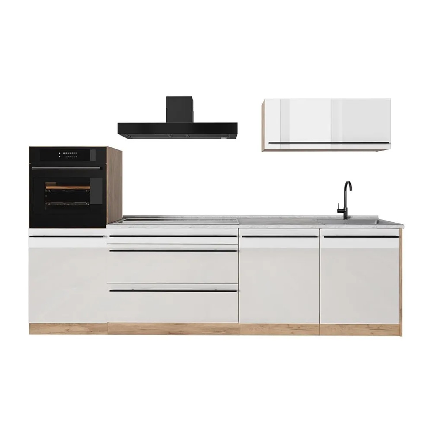 Vicco Küchenzeile R-Line Weiß Hochglanz/Goldkraft Eiche 280 x 143 Arbeitsplatte Marmor Art Nr 66495