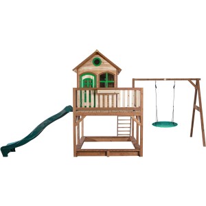 Axi Liam Spielhaus mit Nestschaukel und Rutsche, braun-grün. Holzspielturm mit Sandkasten und Schaukel.