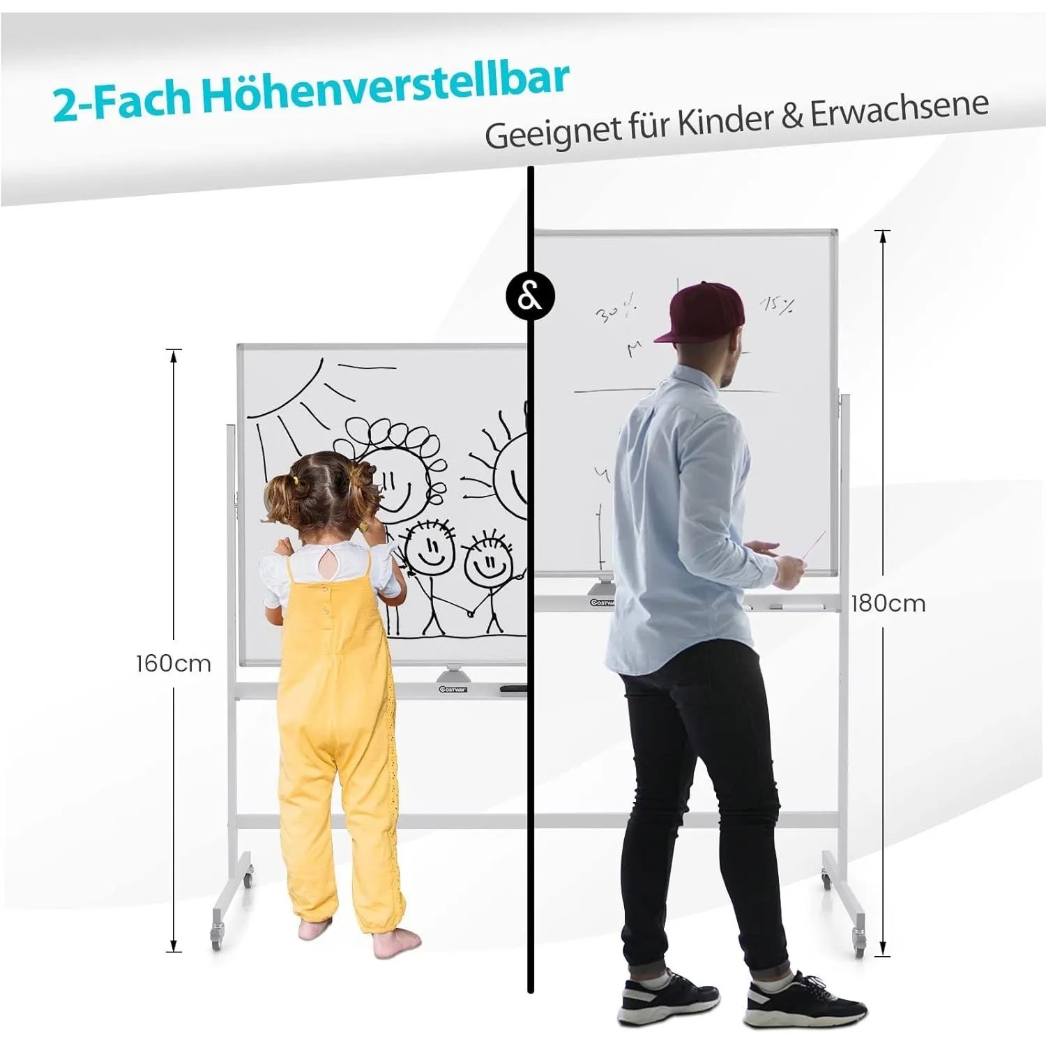 Costway Doppelseitiges Mobiles Whiteboard mit Rädern Weiß 120 x 90 cm_4