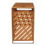Braune Mülltonnenbox aus gebeiztem Tannenholz mit Lamellentür und aufklappbarem Deckel für den Außenbereich.