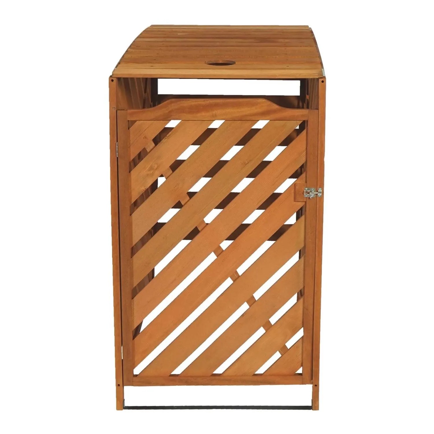 Braune Mülltonnenbox aus gebeiztem Tannenholz mit Lamellentür und aufklappbarem Deckel für den Außenbereich.