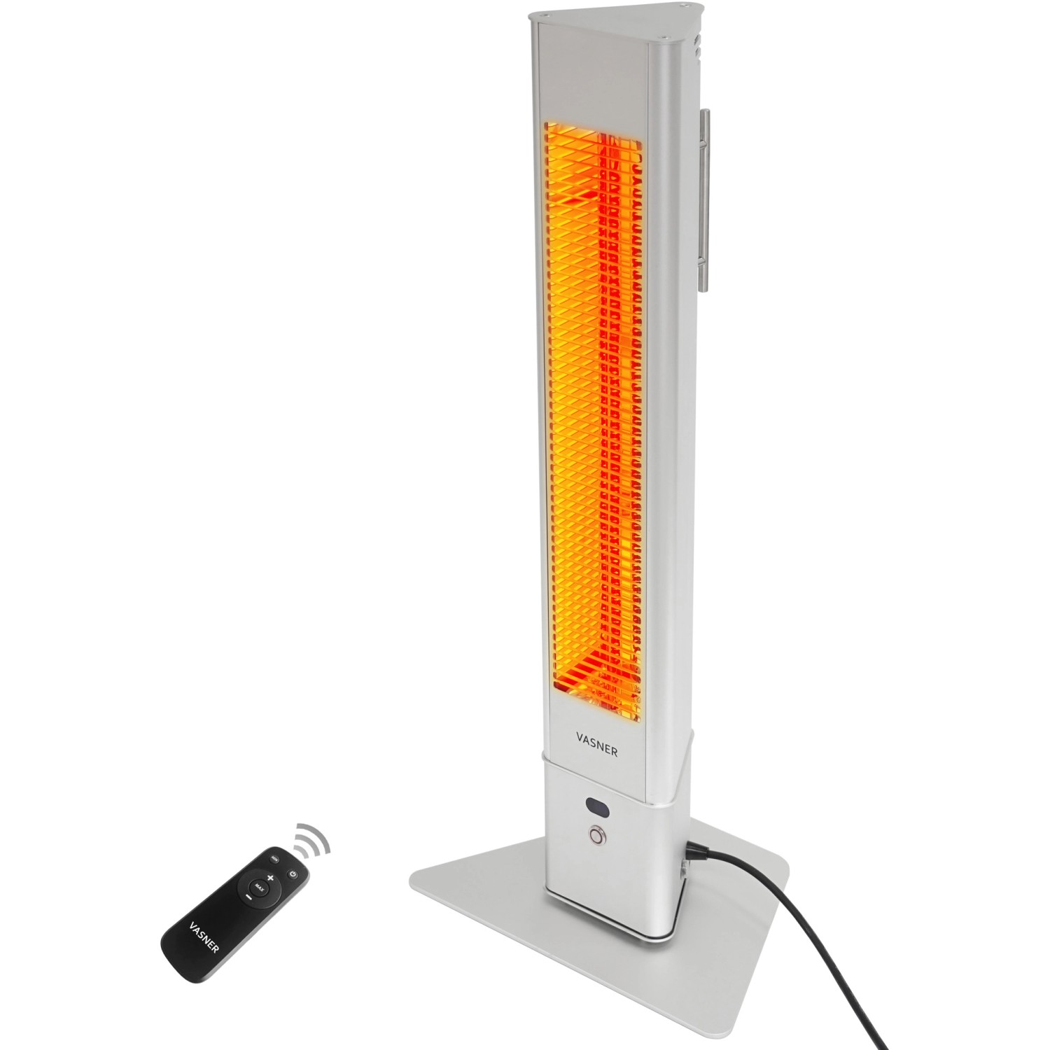 Vasner HeatTower Infrarot-Heizstrahler 2500W Silber mit Fernbedienung.