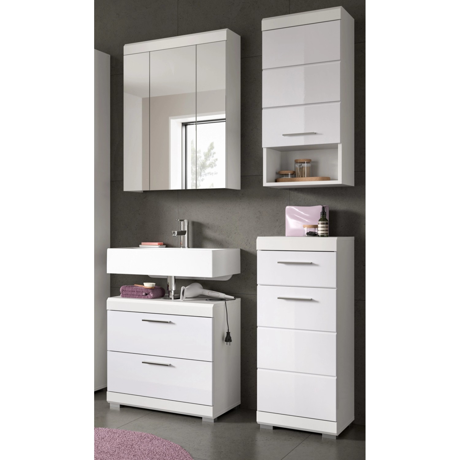 Inn.Furn Badmöbel Set in Weiß Hochglanz 4-teilig 112 cm Shawn günstig online kaufen