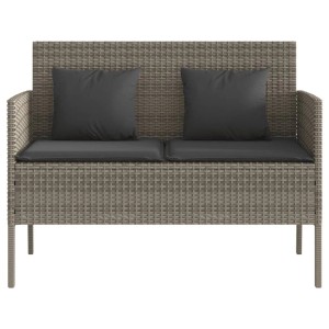 Graue Gartenbank aus Poly Rattan mit Kissen. Bequeme Sitzgelegenheit für den Garten oder die Terrasse.