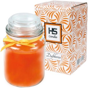 HS Candle Duftkerze Honigmelone im Bonbonglas mit gelbem Band und dekorativer Verpackung.