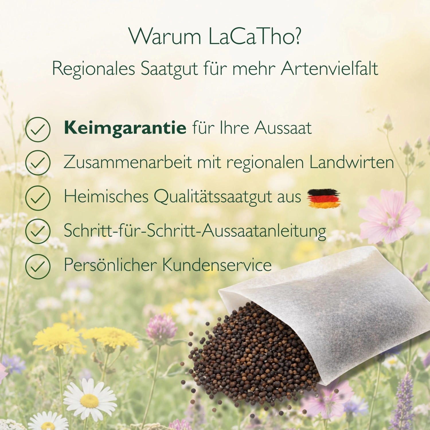 LaCaTho Winterthymian Samenpaket mit Samen auf Blumenwiese. Vorteile: Keimgarantie, Qualitätssaatgut, Aussaatanleitung.