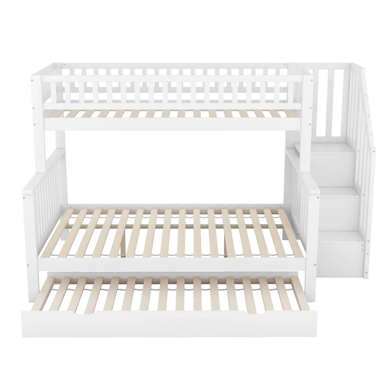 KOMHTOM Etagenbett 90x200Cm Und 140x200Cm Kinderbett Mit Lattenrost Rollcontainer Und Treppe Kiefer Weiß Ohne Matratze