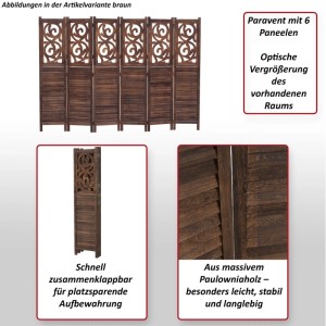 Brauner Paulowniaholz Paravent mit 6 Paneelen, Ornamenten und Lamellen. Klappbarer Raumteiler für Sichtschutz.