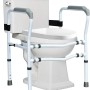 Weiße Toiletten-Aufstehhilfe mit grauen Armlehnen, verstellbar. Stabiler Badhelfer für sicheren Halt am WC.