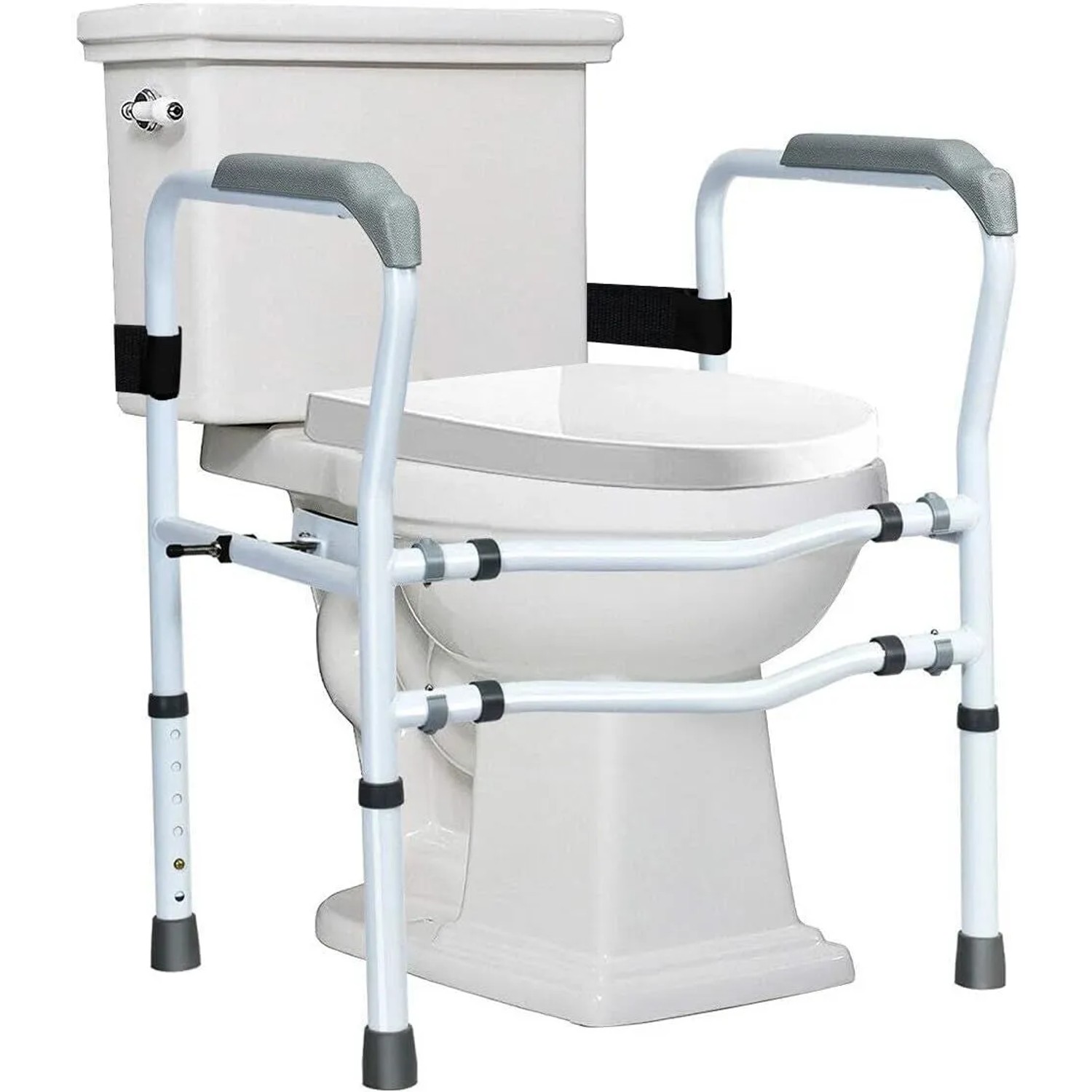 Weiße Toiletten-Aufstehhilfe mit grauen Armlehnen, verstellbar. Stabiler Badhelfer für sicheren Halt am WC.