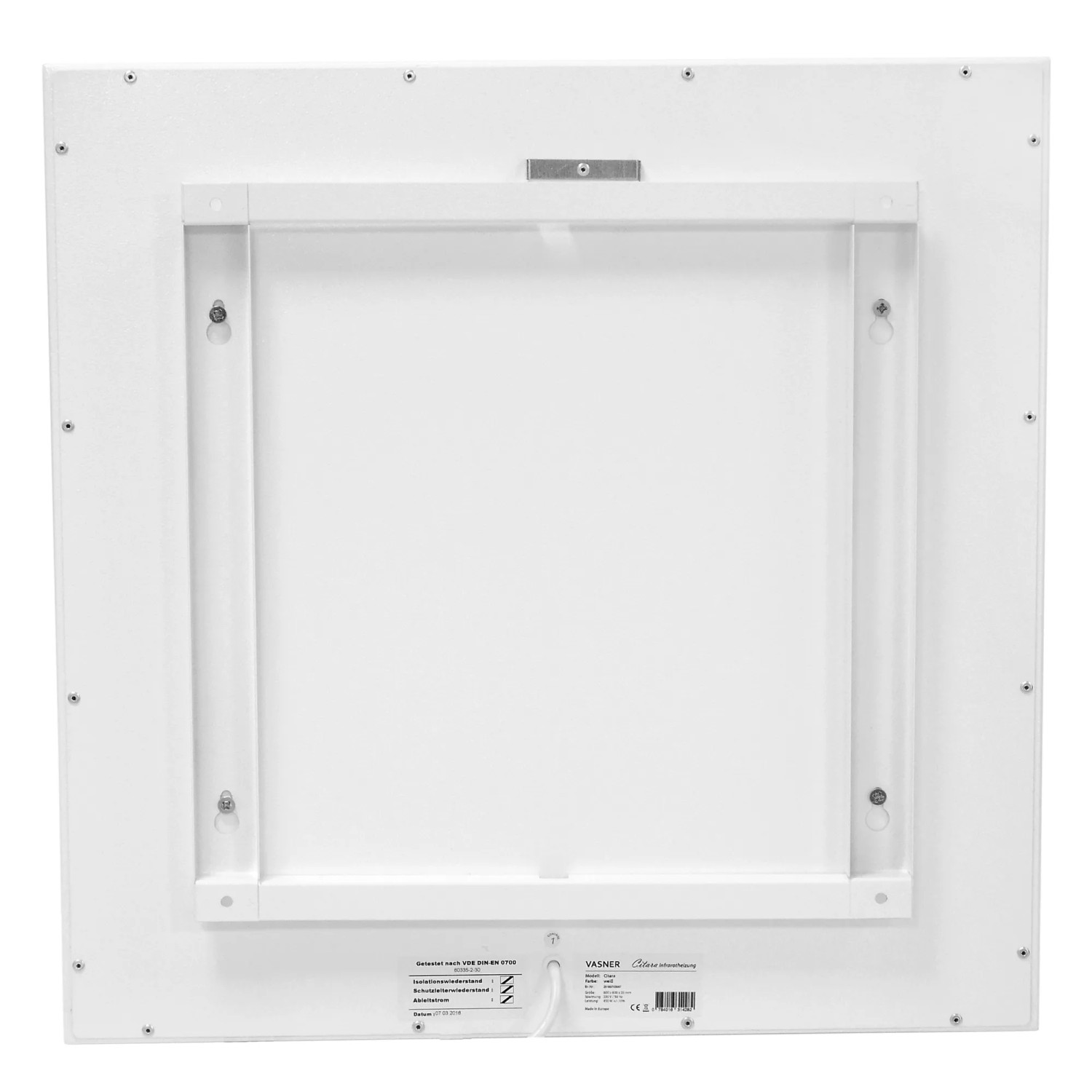 Rückansicht der weißen Vasner Citara M Infrarotheizung (450 Watt) aus Metall.
