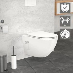 Weißes, spülrandloses LuxeBath Hänge WC mit Bidet-Funktion und Softclose-Sitz.