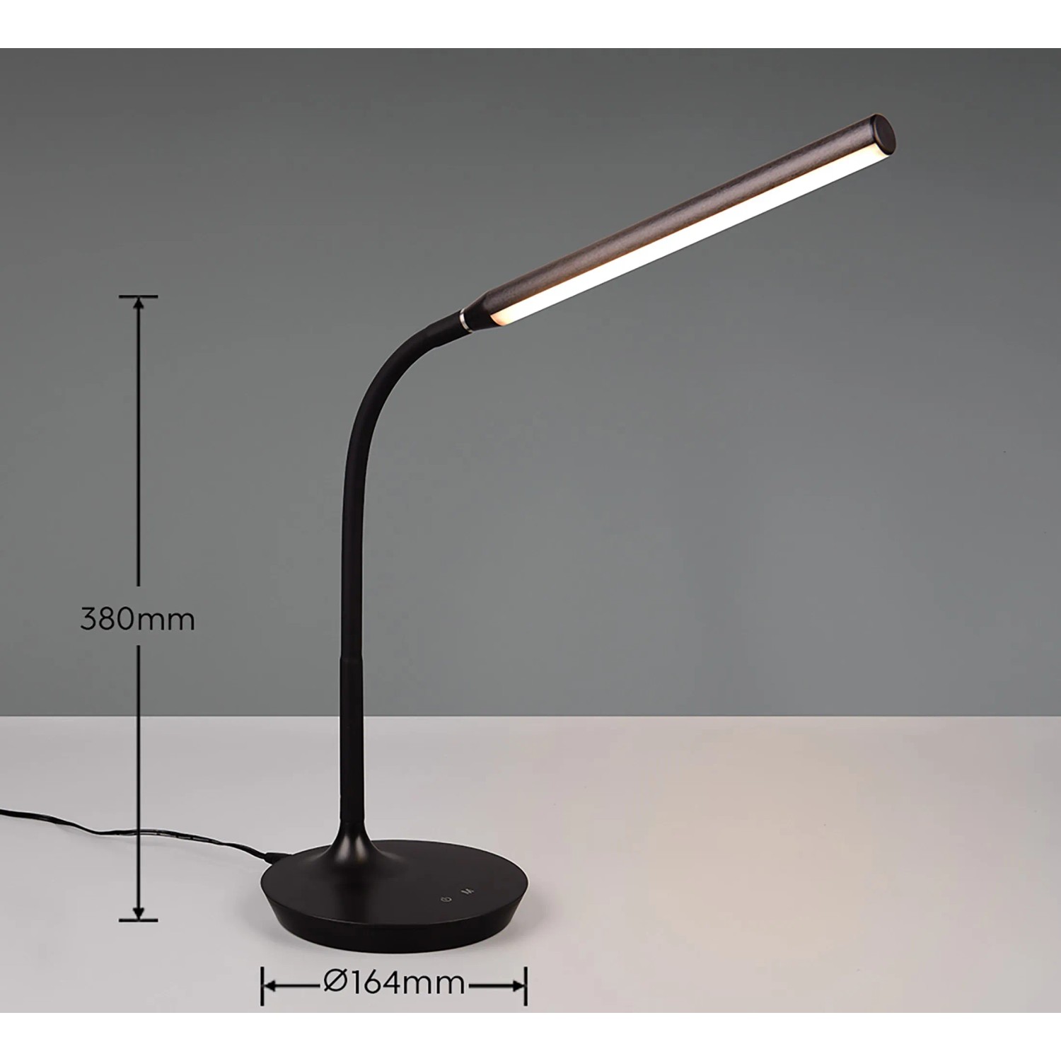 Schwarze LED-Tischleuchte Toro mit flexiblem Arm, dimmbar und mit einstellbarer Lichtfarbe.