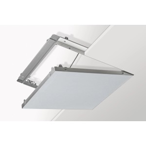 Geöffnete Knauf alutop Revisionsklappe Revo 50x50 cm, Zubehör für Gipskartonplatten.