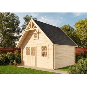 Unbehandeltes Alpholz Gartenhaus Schwedenhaus mit Satteldach und Anbaudach im Garten.