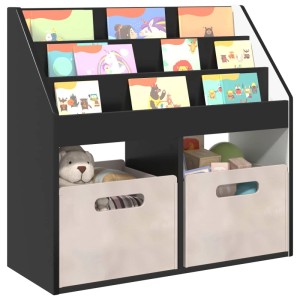 Schwarzes vidaXL Kinderregal (72,5x29,5x69cm) mit Fächern und Schubladen zur Aufbewahrung von Spielzeug und Büchern.