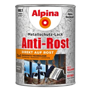 Dunkelgraue Alpina Metallschutz-Lack Dose mit Hammerschlag-Effekt und Anti-Rost Formel.