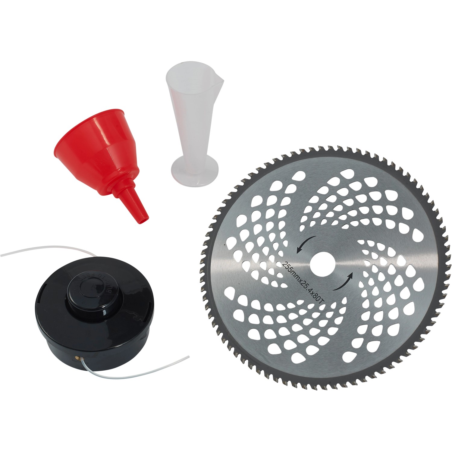 Zubehör für Texas Benzin Freischneider BC358D: Messer, Fadenspule, Messbecher und Trichter.