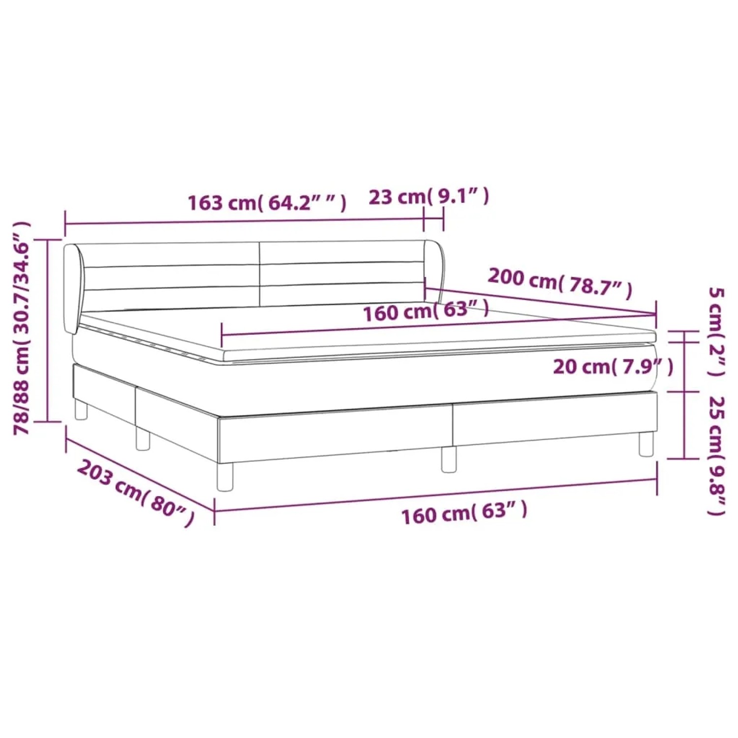 vidaXL Boxspringbett hellgrau 160x200cm mit Matratze, Maße