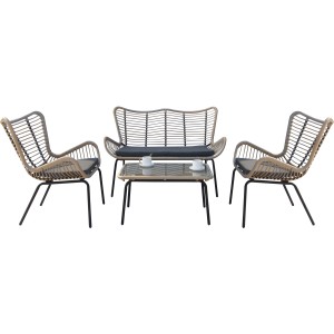 Acamp Loungegruppe Korfu, 4-teilig, schwarz-bambusfarben, mit Tisch und Polstern.