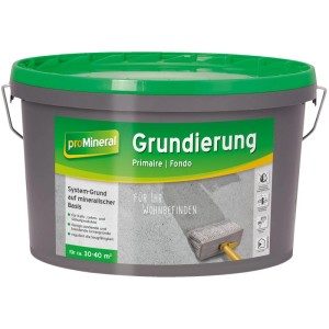 proMineral Grundierung 5 l Eimer, grau mit grünem Deckel. Mineralischer Systemgrund für Innenräume, bereitet Untergründe vor.