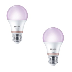 Set aus 2 Philips Smart-LED-Leuchtmitteln E27 in Glühlampenform, leuchten lila. Smarte RGB-Beleuchtung für Ihr Zuhause.