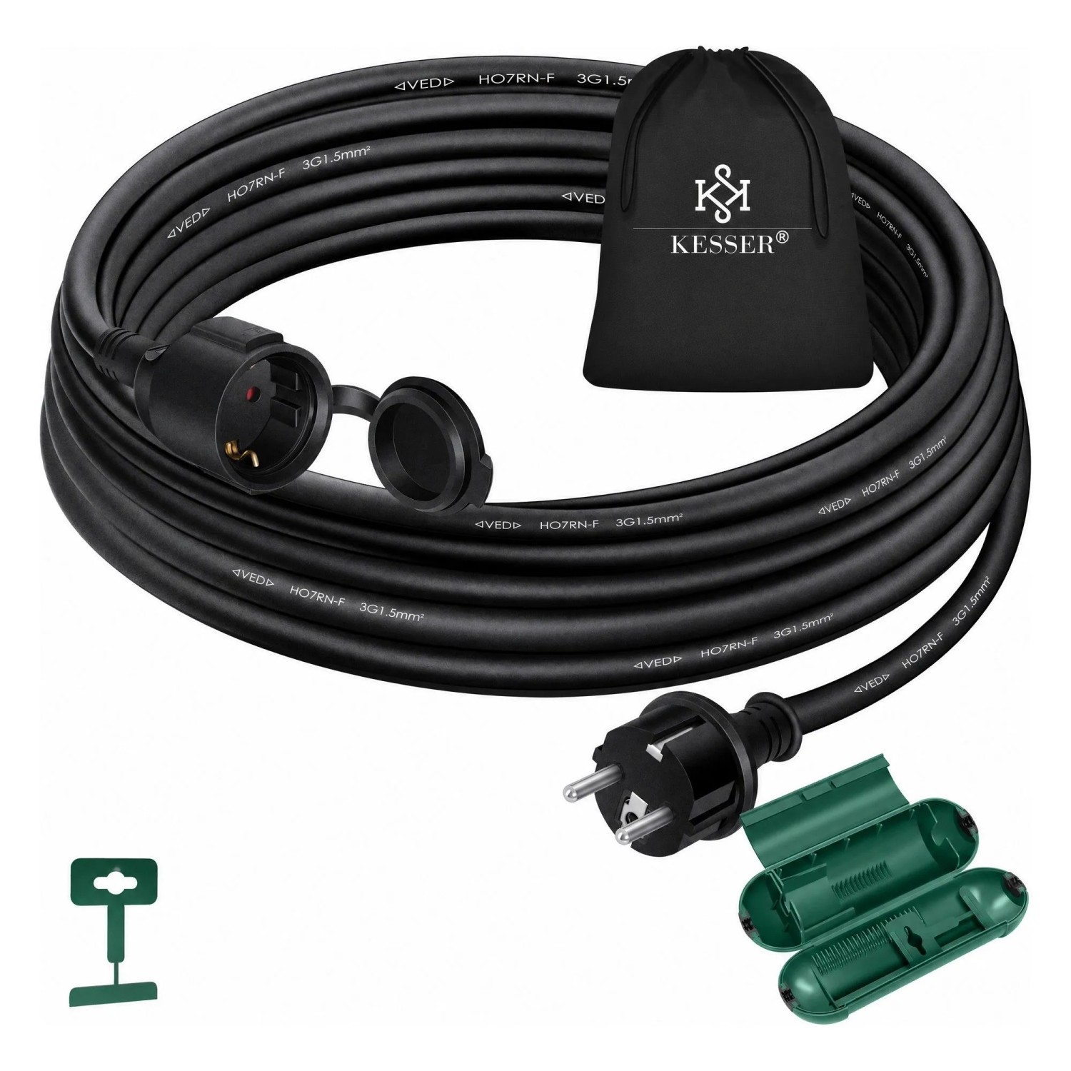 KESSER Verlängerungskabel Outdoor 230 V IP44 Länge 15 m Schwarz