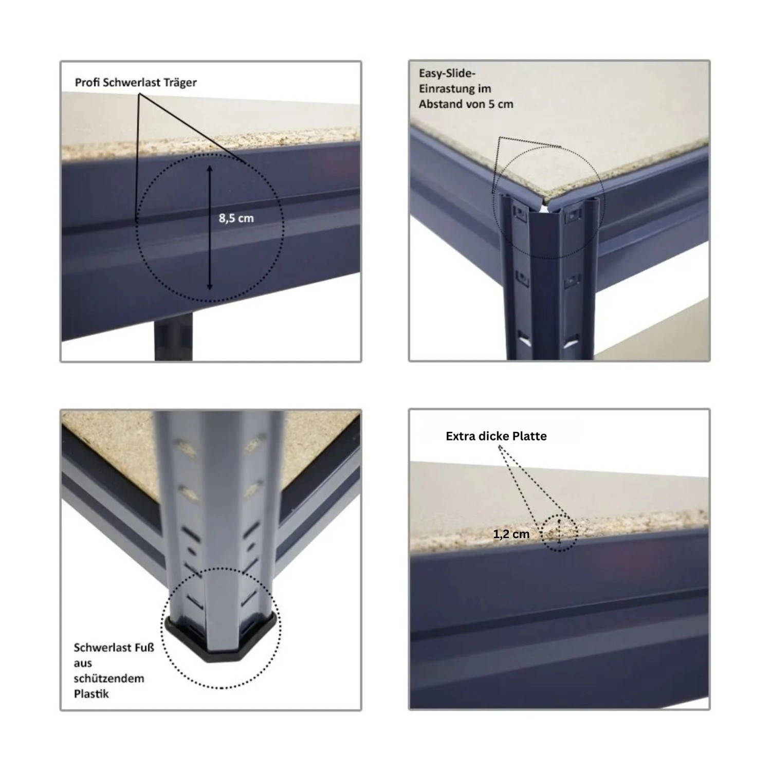 Detailansichten der PROREGAL Werkbank Dino, grau, mit Infos zu Trägern, Füßen und Platte.