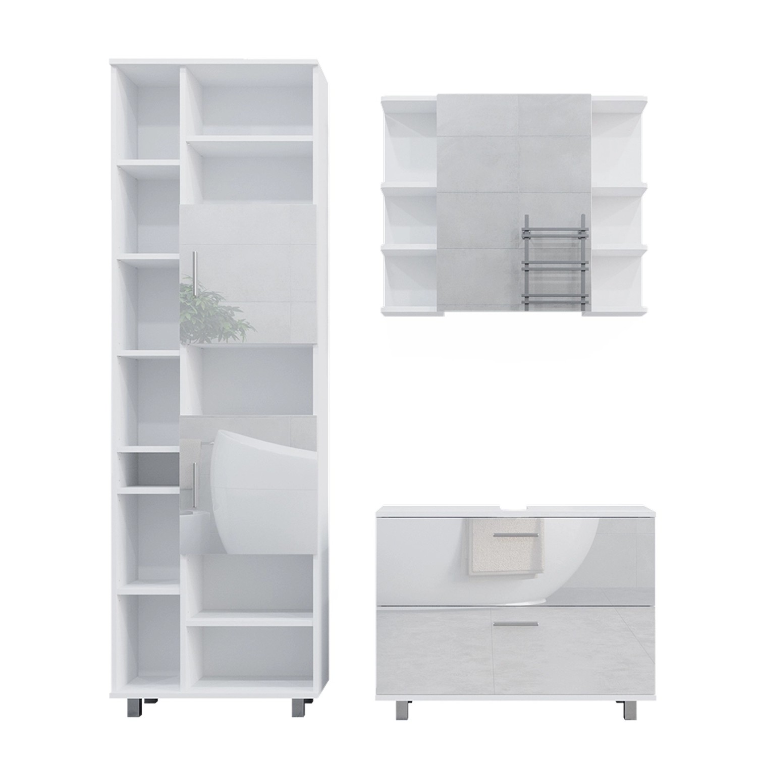 Vicco Badmöbel-Set Ilias Weiß Hochglanz 3 Teile mit Hochschrank Opt 2 günstig online kaufen