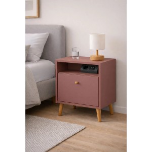 Mauve Nachttisch Bjarne mit Schubkasten, Nische, integrierter Ladestation (USB/Steckdose) und Eichenfüßen.