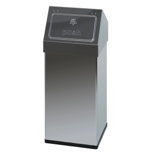 Eckiger, silberner Edelstahl Mülleimer mit Push-Deckel, 55 Liter.