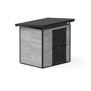 Graues Upyard Gartenhaus Strongbox L mit Fundament und Doppeltür.