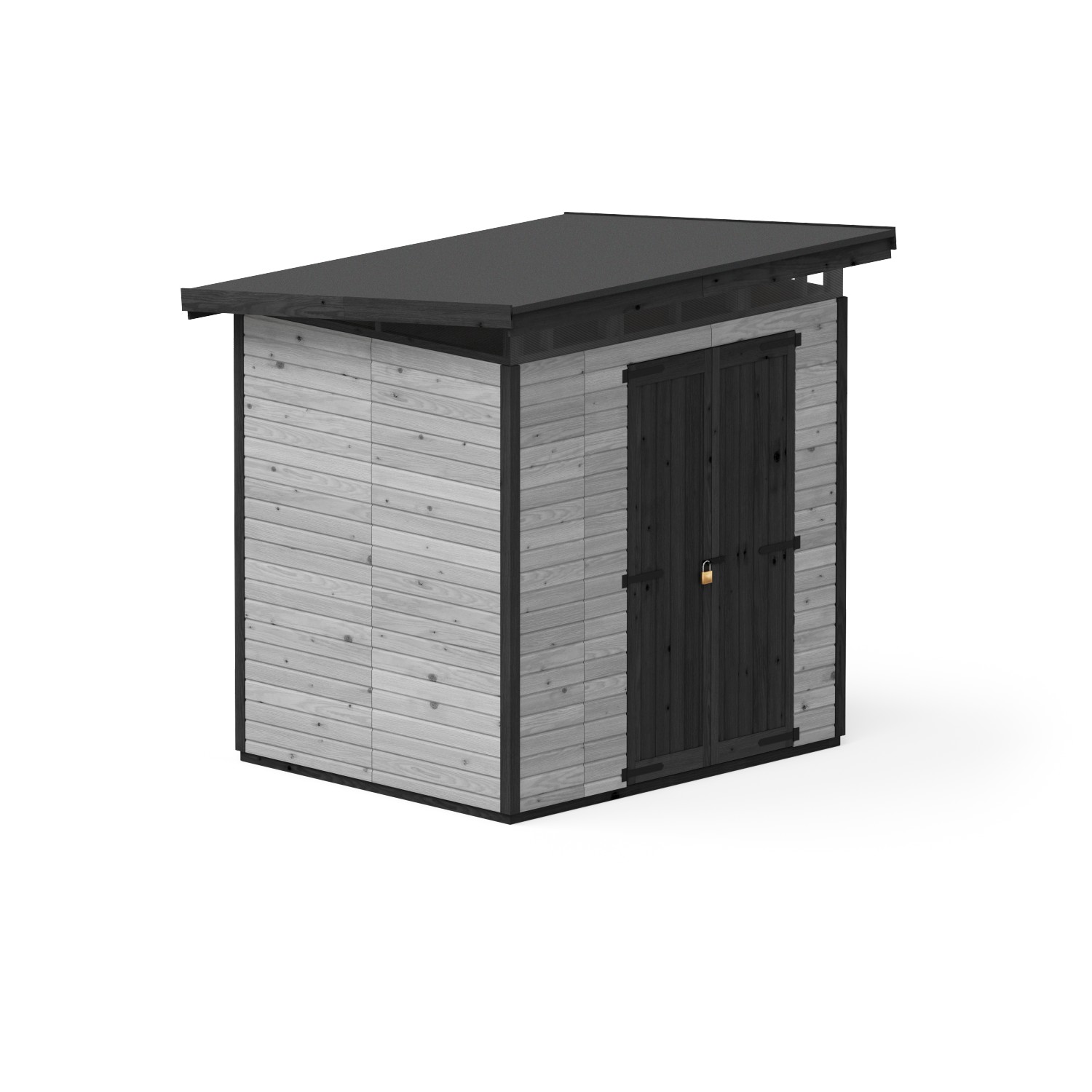 Graues Upyard Gartenhaus Strongbox L mit Fundament und Doppeltür.