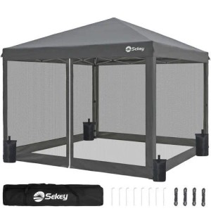 Grauer 3x3 m Faltpavillon mit Moskitonetz, 4 Sandsäcken und Zubehör. Wasserdichter, höhenverstellbarer Gartenpavillon.