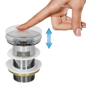 Ablaufgarnitur für Waschbecken mit Finger auf dem Pop-Up Verschluss.