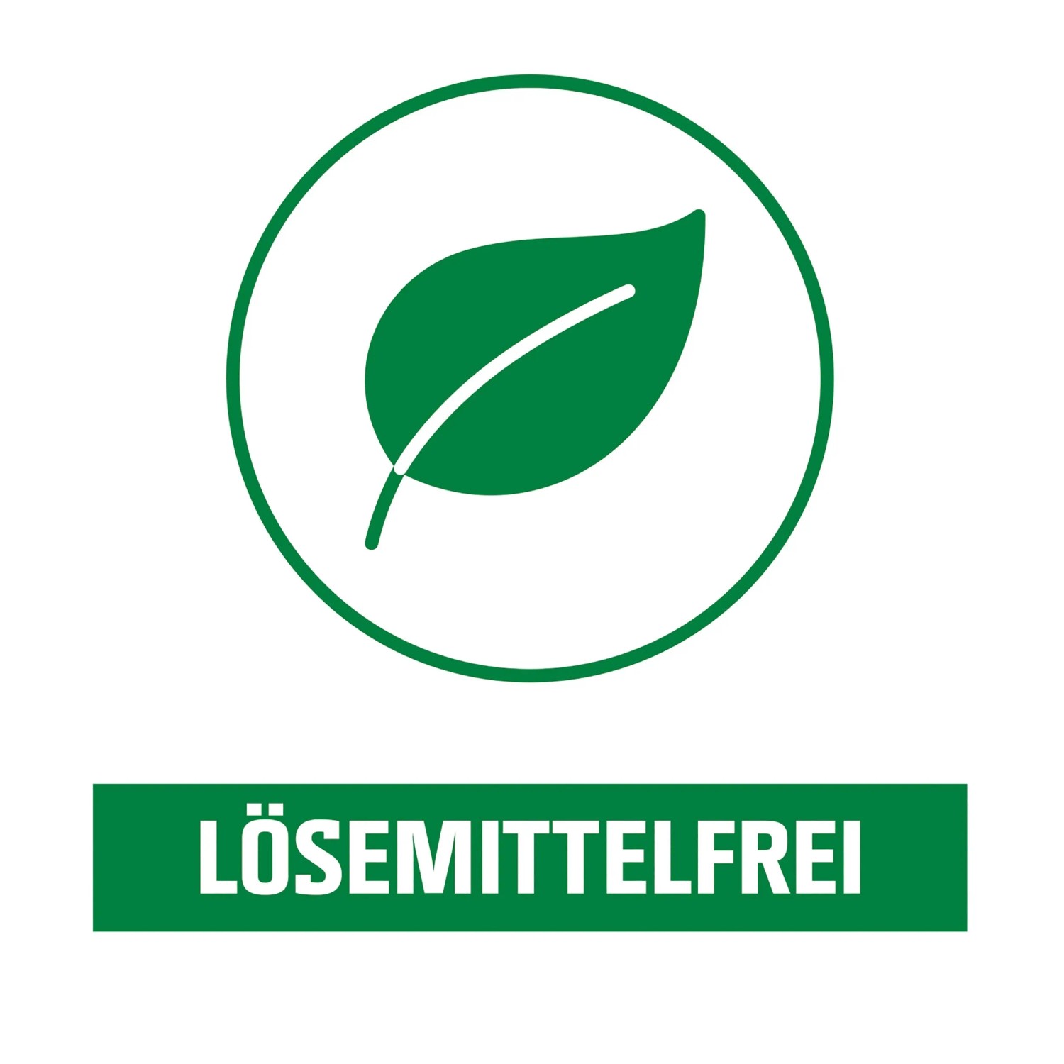 Symbol für lösemittelfreien Buntlack: Grünes Blatt im Kreis, Schriftzug "LÖSEMITTELFREI".