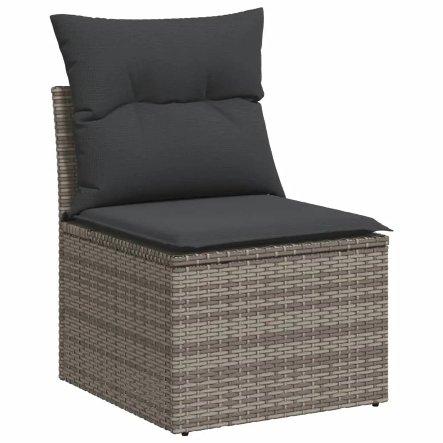 Graues vidaXL Gartensofa-Element aus Polyrattan mit Kissen, Teil einer modularen Gartenmöbel-Garnitur.