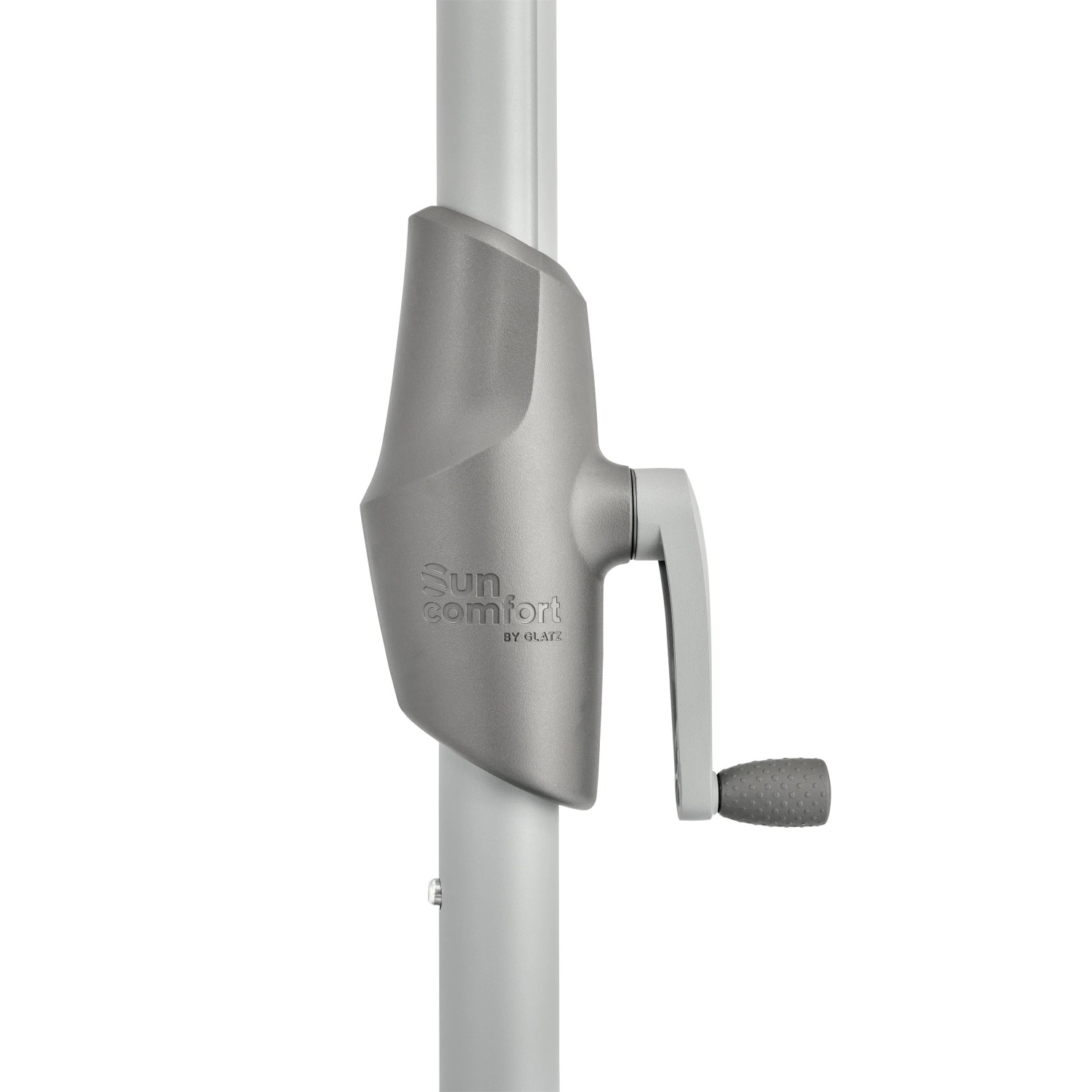 Detailaufnahme: Kurbelmechanismus des Suncomfort by Glatz Marktschirms in Light Grey.