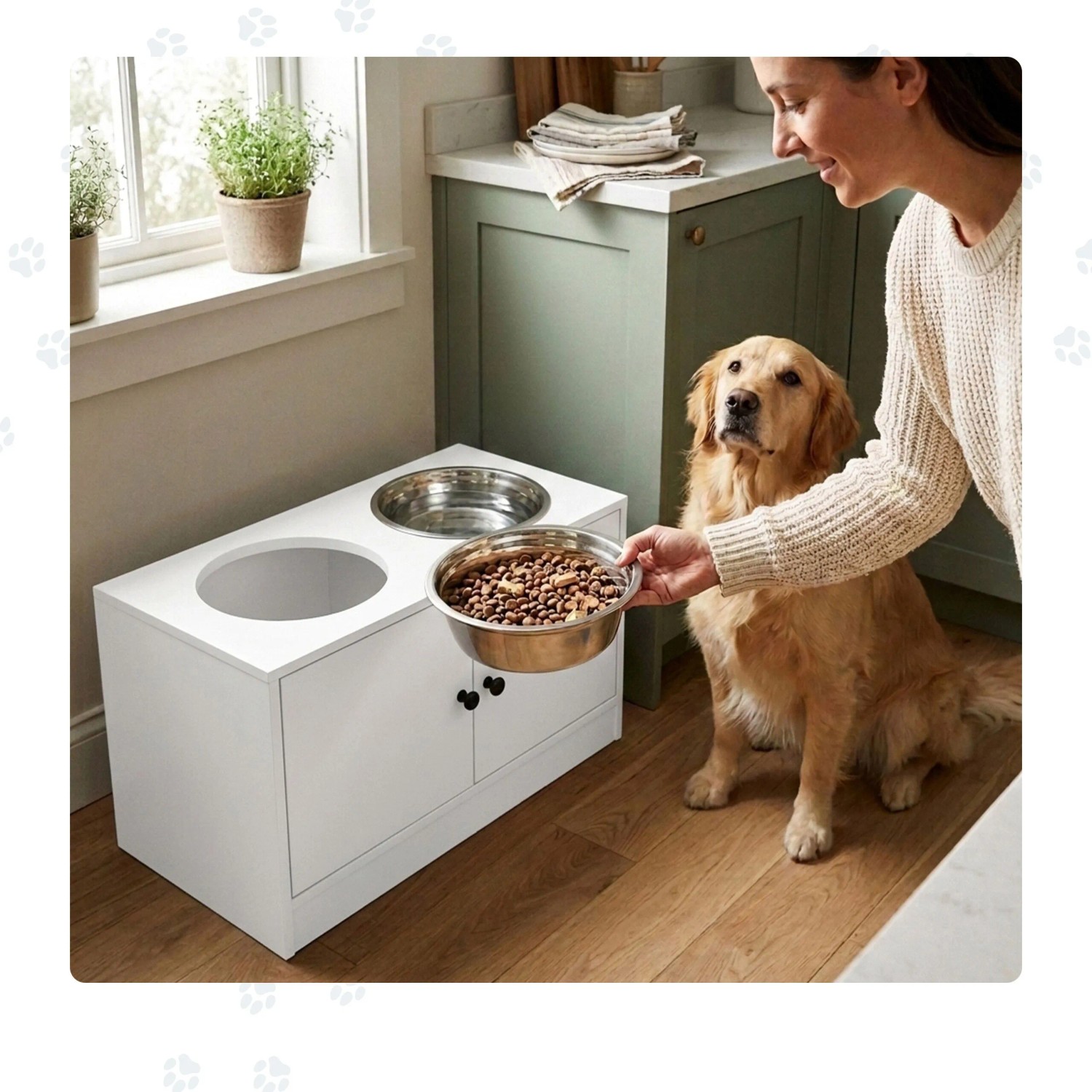 Weiße erhöhte Relaxdays Hundefutterstation aus MDF mit 2 Edelstahlnäpfen und Schrankfach. Golden Retriever wird gefüttert.