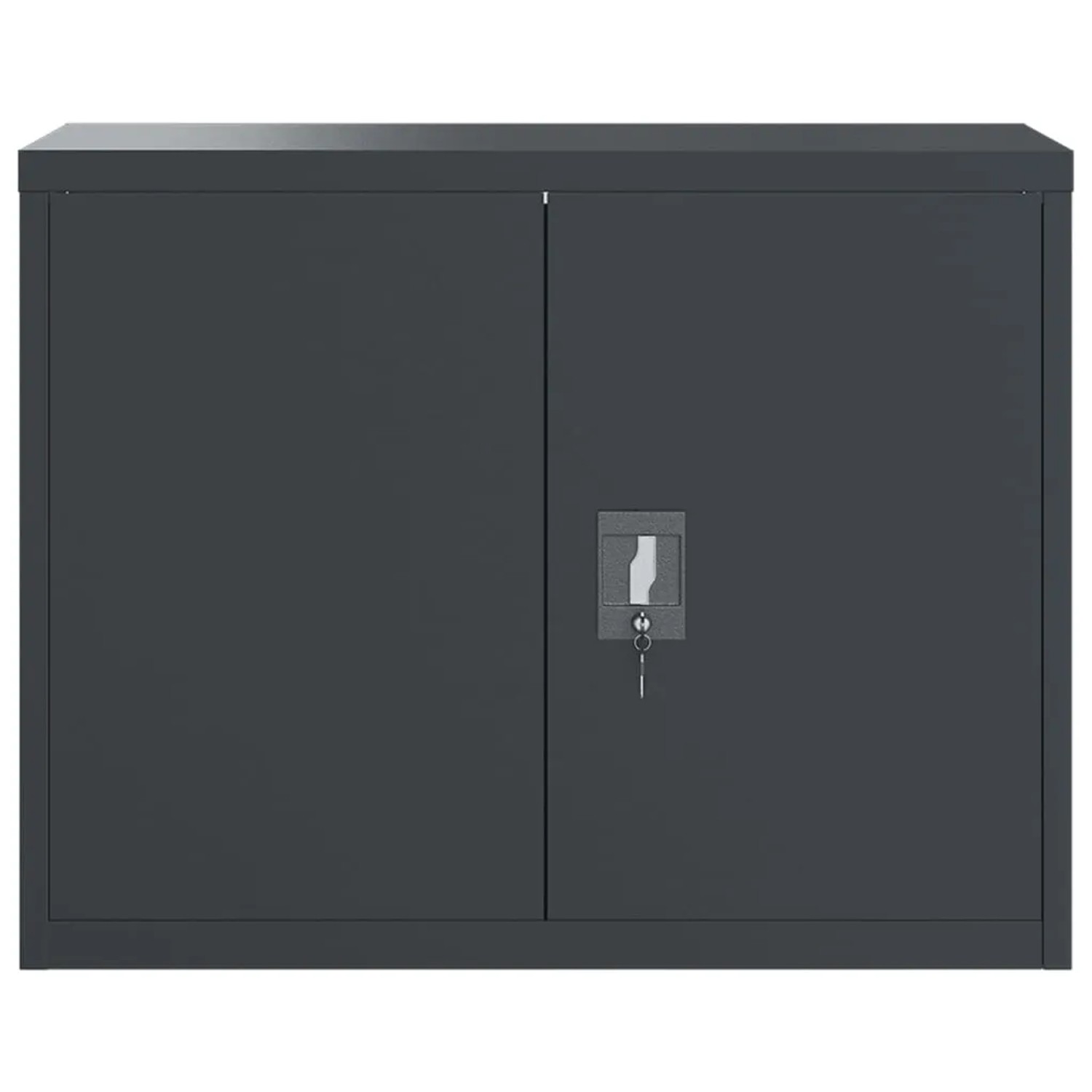 Anthrazitfarbener Aktenschrank aus Stahl (90x40x70 cm) mit abschließbaren Türen für Büro.