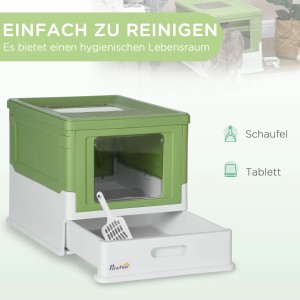 PawHut Katzentoilette mit Deckel, grün-weiße Box mit Schaufel.