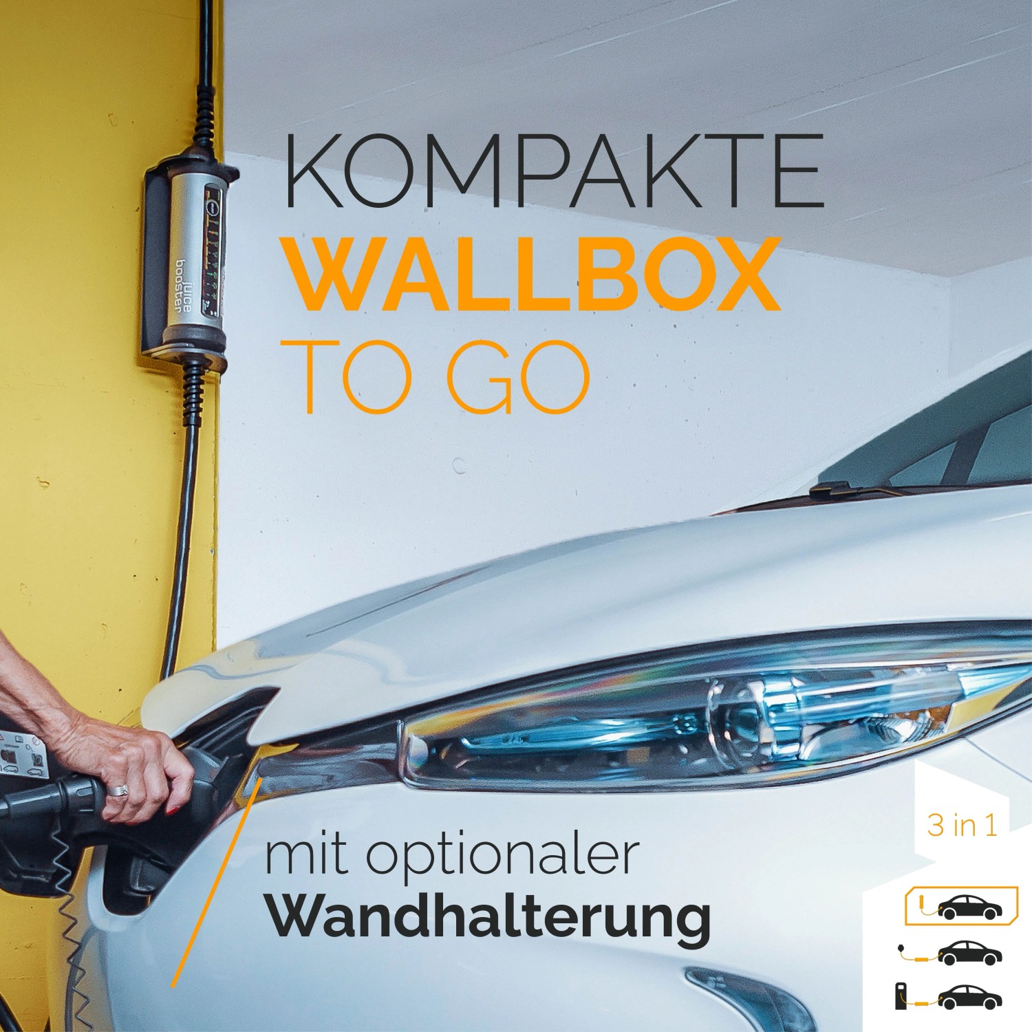 Mobile Wallbox Juice Booster 2 Basis-Set beim Laden eines E-Autos.